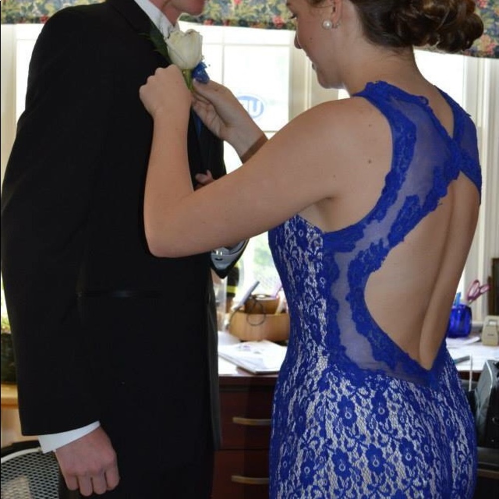 Blue lace dress, open back